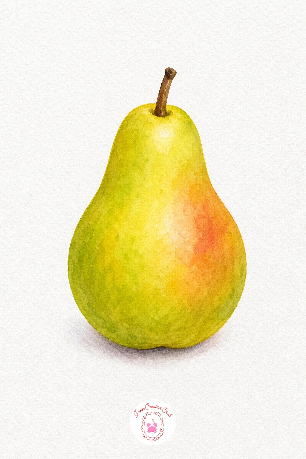 Pear — Lay down a pale yellow green wash over the whole pear shape and let it pool a little heavier toward the rounded base. Watercolor fruit