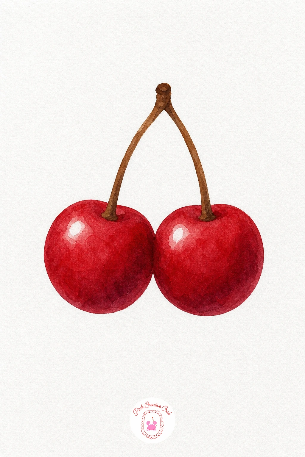 Cherry Pair — Paint both cherries with the same red wash so they read as a matching pair, leaving a small white highlight unpainted on the upper left of each