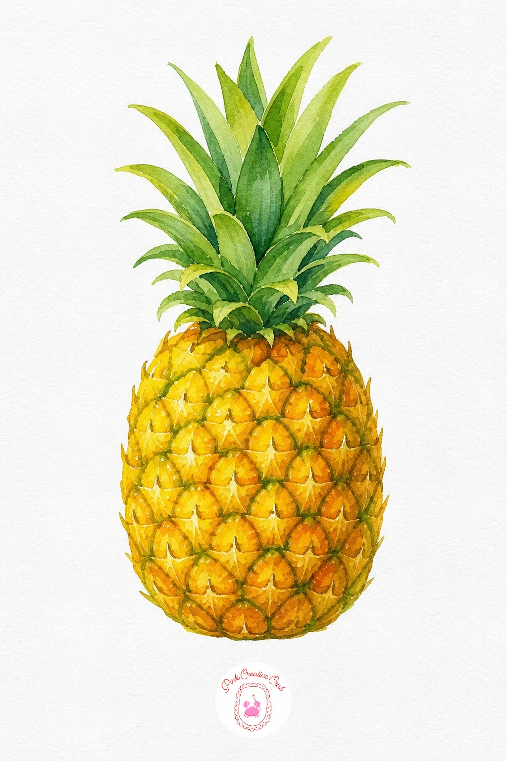 Pineapple — Wash the whole body of the pineapple in a warm golden yellow, letting it sit a touch deeper toward the base. Watercolor fruit