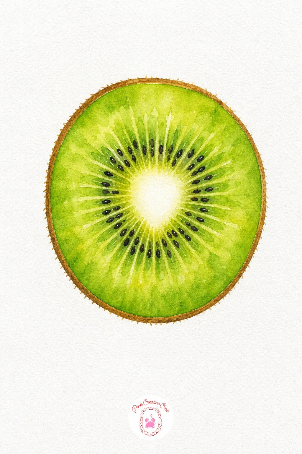 Kiwi Half — Paint the thin outer skin ring in a soft brown first, then wash the wide band of flesh inside it in a fresh green, leaving the very center a pale