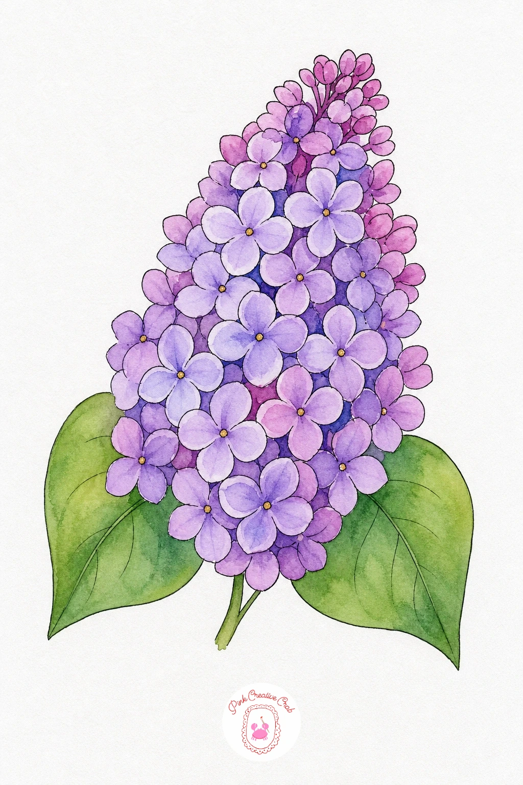 Lilac Cluster Drawn Large — Rather than painting every tiny blossom, work wet-in-wet across the whole cone shape with a pale lavender wash, then drop in small