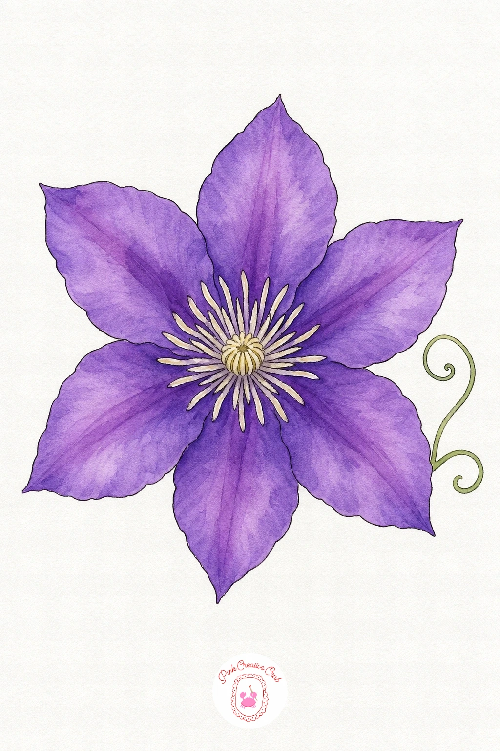 Purple Clematis — Each petal gets its own light violet wash first, left to dry fully before you come back in with a slightly deeper purple brushed from the