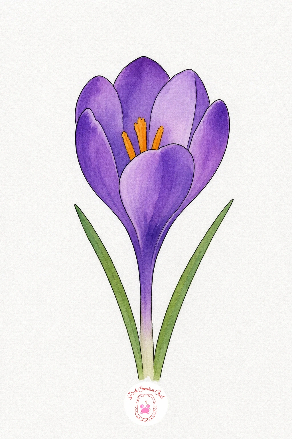 Crocus — Keep the petal shapes simple cups and paint them with one smooth violet wash, letting the color pool a touch darker near the base of each petal where