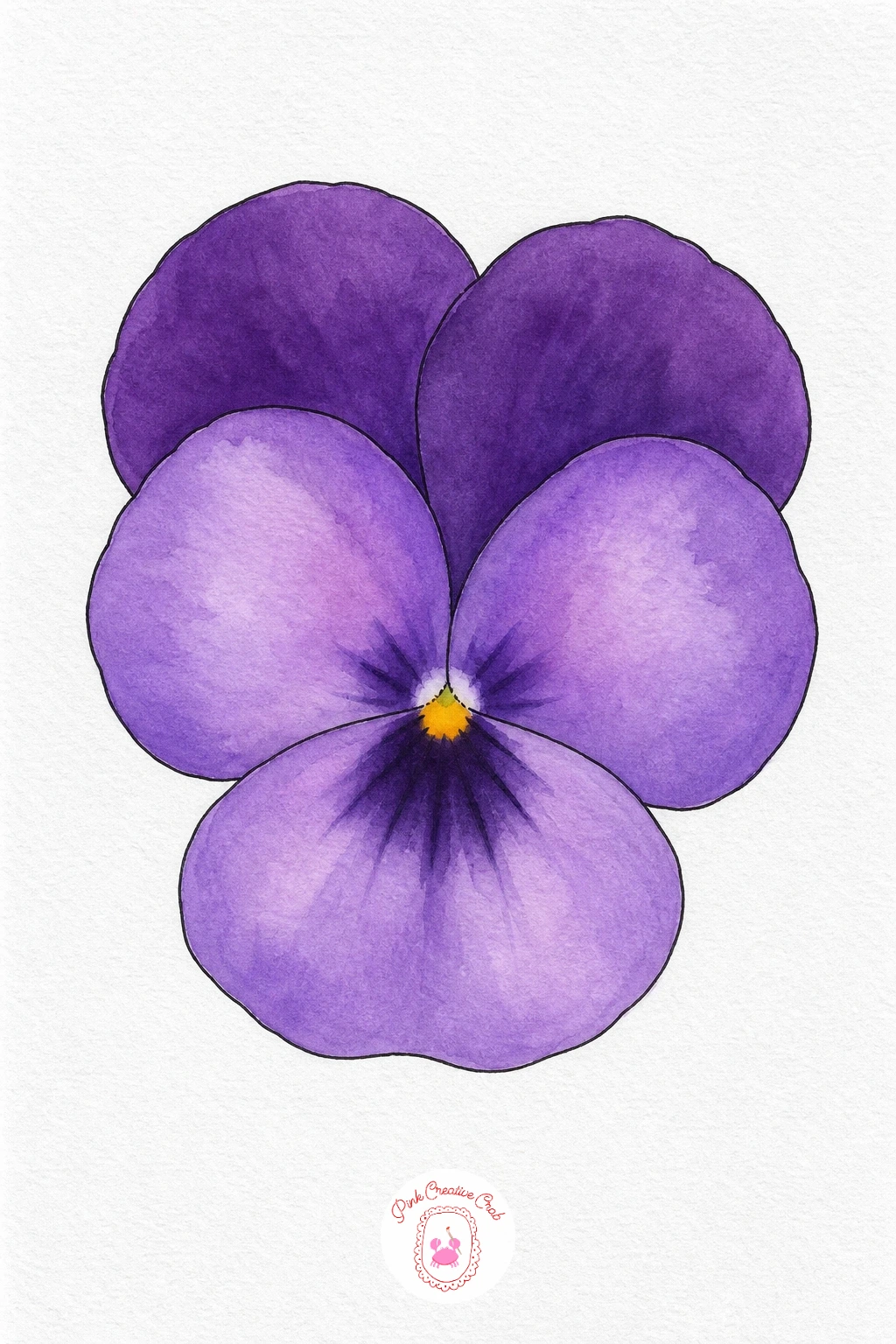 Purple Pansy — Start with the two upper petals in a deep rich violet, painted wet so the color sits dark and even. Purple watercolor flowers