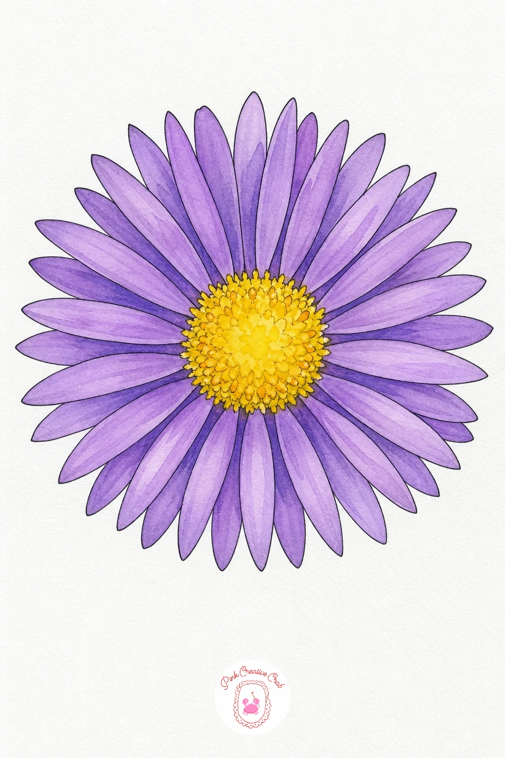 Purple Aster — Rather than painting each thin petal alone, wet the whole outer ring and drop in violet so it settles unevenly from petal to petal, giving