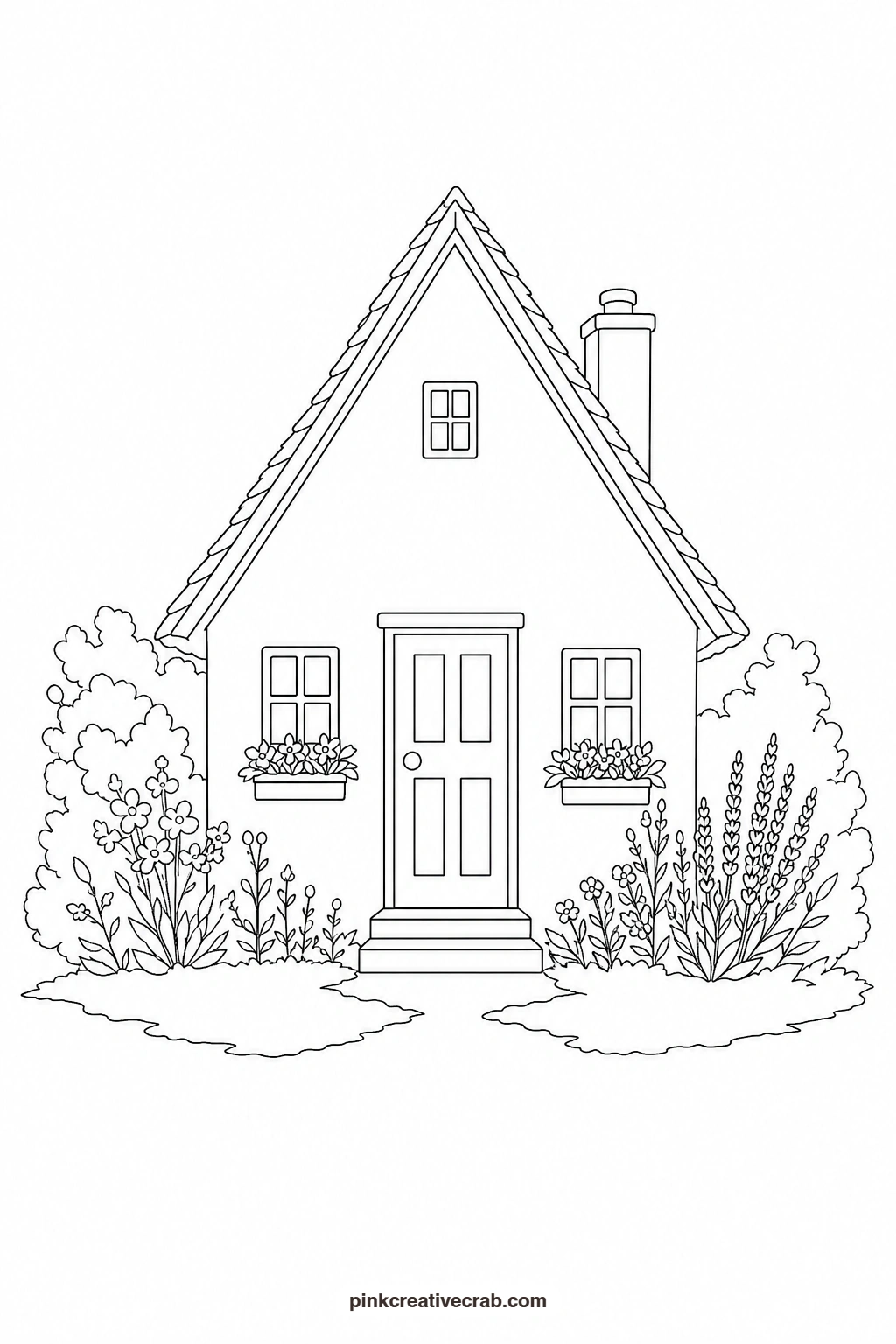 Cottage With a Red Door Outline printable page. Cottage watercolor