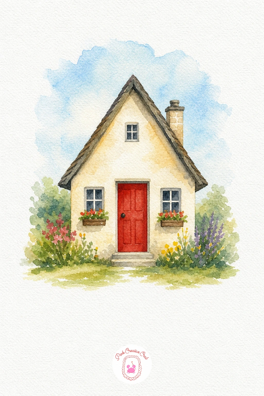 Cottage With a Red Door — Paint the sky first with a pale blue wash, let it dry, then lay a warm cream wash across the whole cottage body in one pass. Cottage