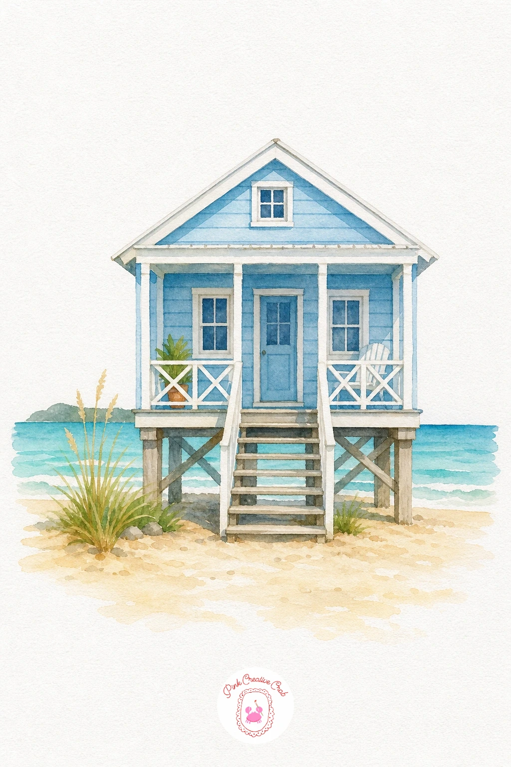 Beach Cottage — Lay the sea first in a loose turquoise wash, letting it stay streaky and uneven for movement, then paint the sand in a warm pale tan beneath