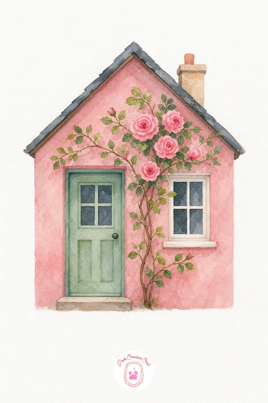 Cottage With Roses — Paint the wall in a pale blush pink and let it dry before touching the roses. Cottage watercolor