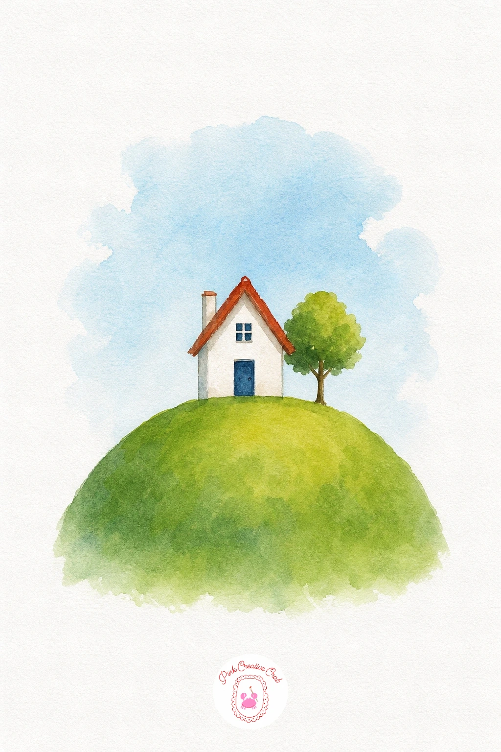 Tiny House on a Hill — Paint the sky in a soft wash first, then the hill in a rounded sweep of green, darker toward the base and lighter near the top where the