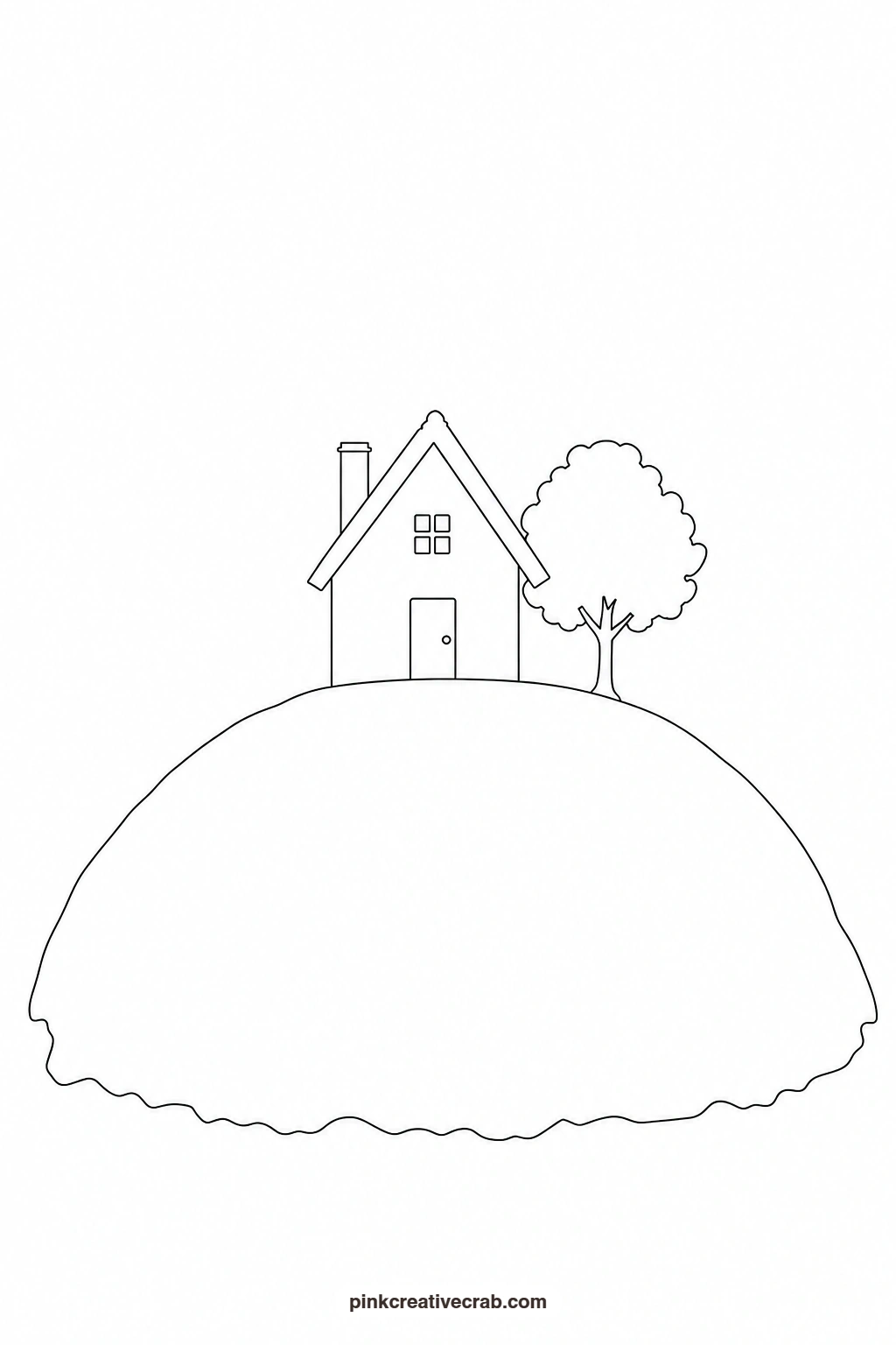 Tiny House on a Hill Outline printable page. Cottage watercolor