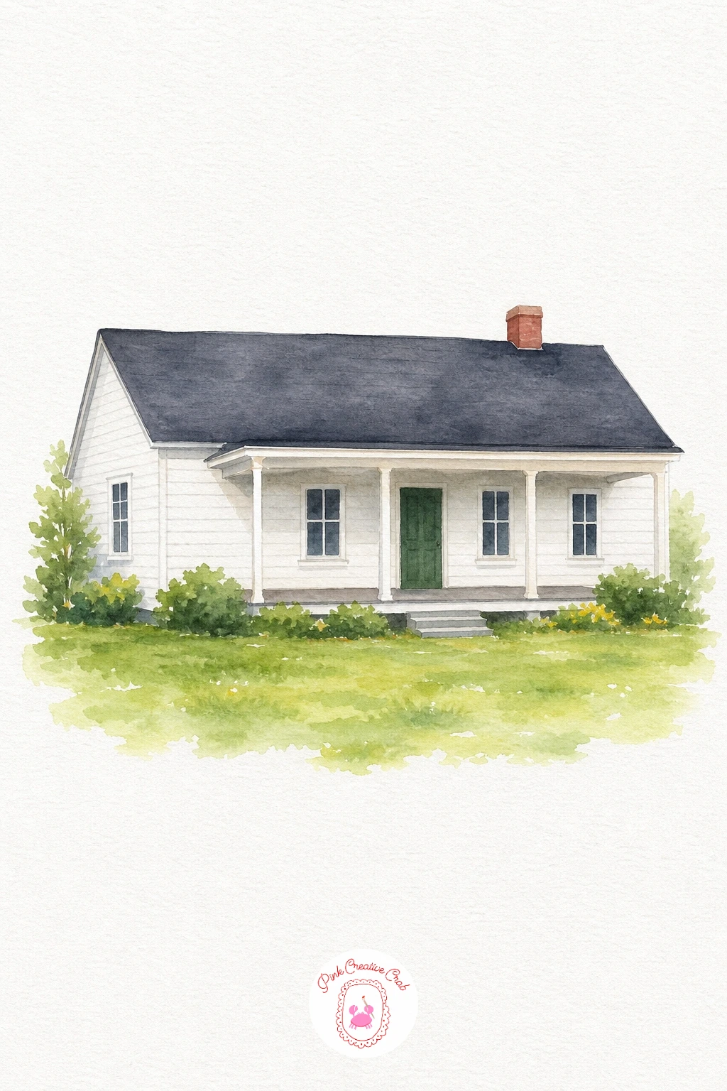 Farmhouse With a Porch — Wash the farmhouse body in a clean white-grey, letting the paper show through for the brightest parts of the wall. Cottage watercolor