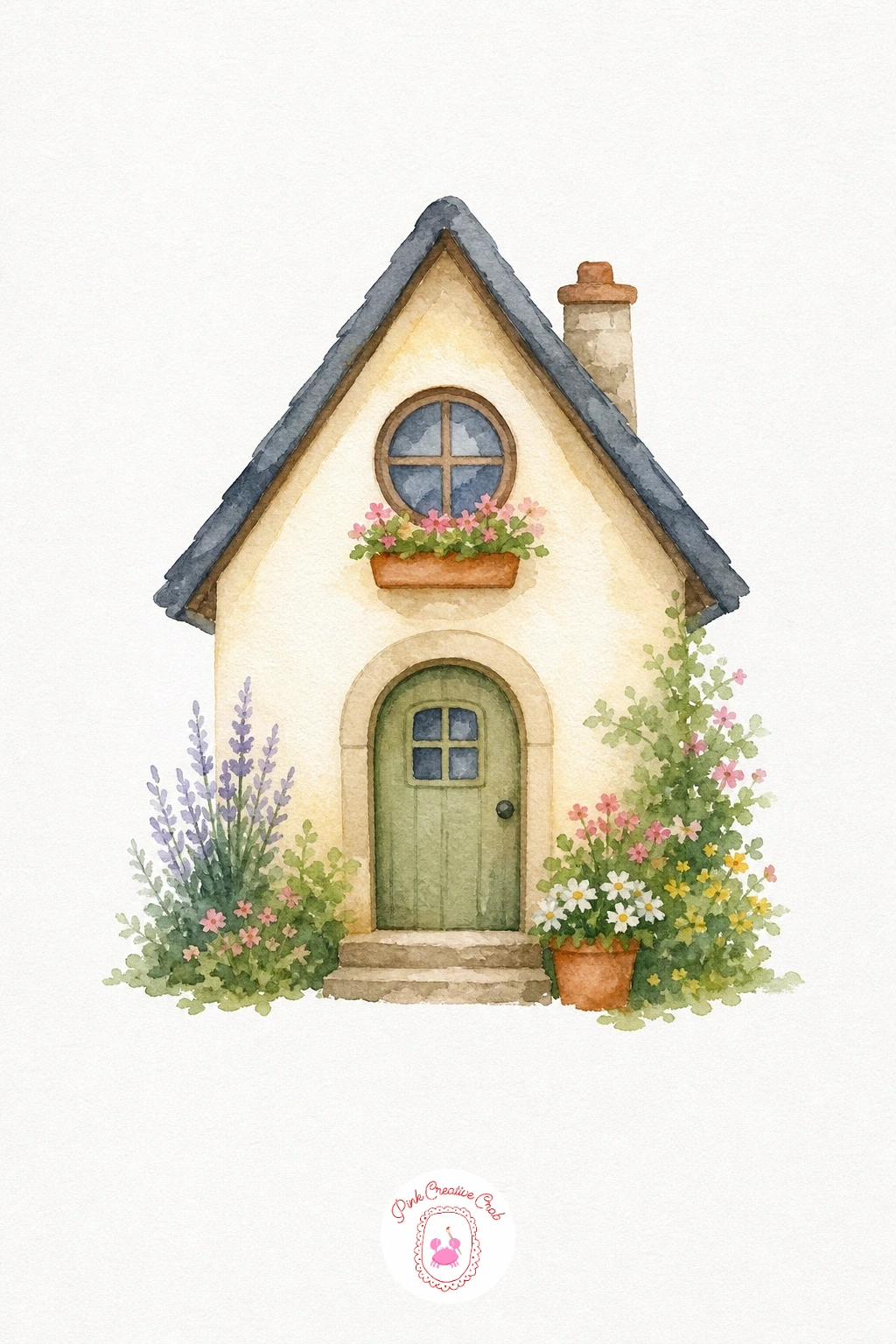 Cottage With a Round Window — Wash the walls first in a warm pale tone and let the paper dry before adding the round window, since a wet edge here will bleed