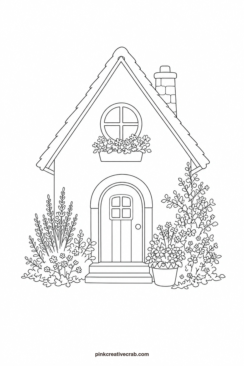 Cottage With a Round Window Outline printable page. Cottage watercolor