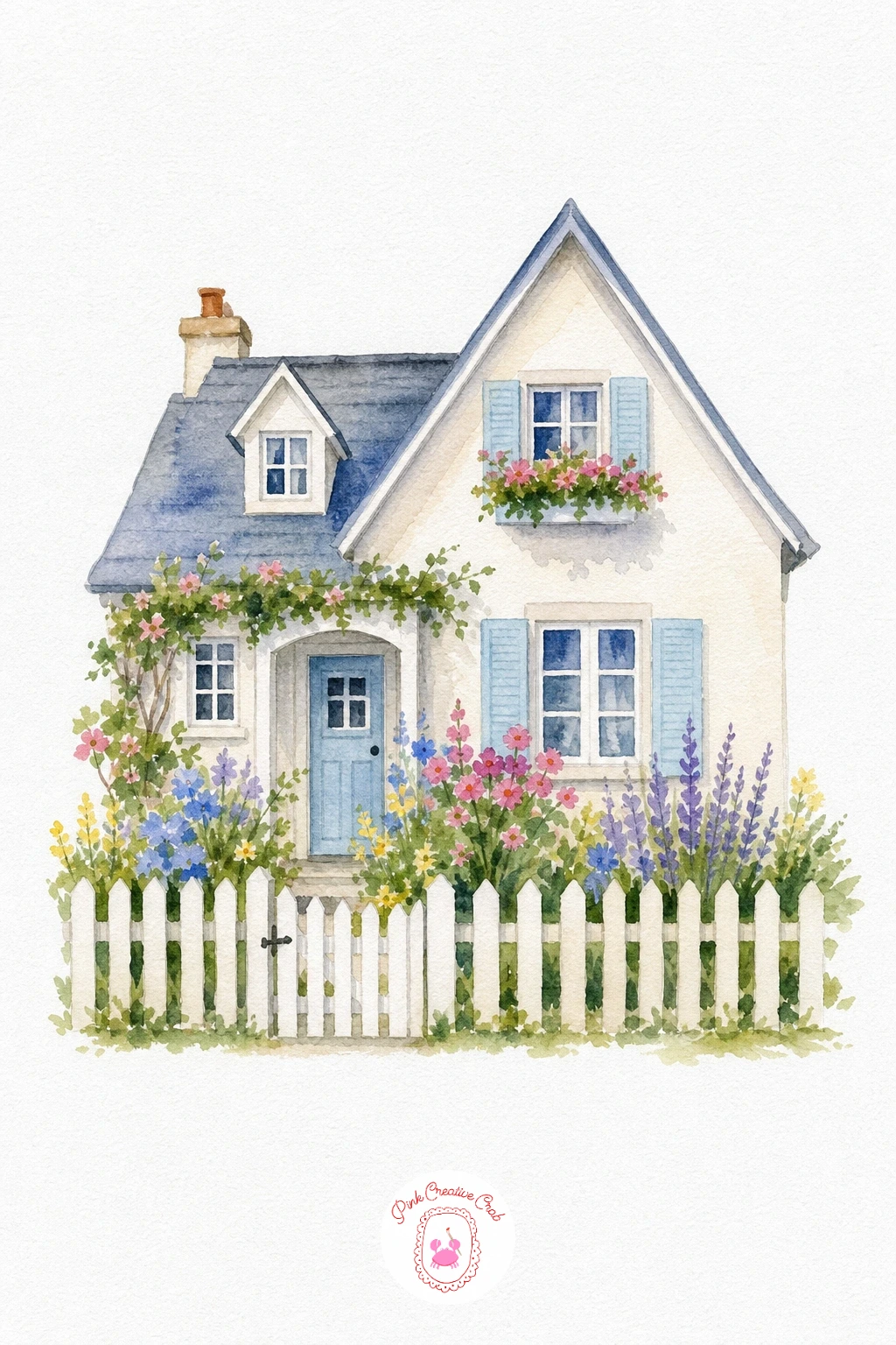 Cottage With a Picket Fence — Paint the sky and cottage walls first in soft flat washes and let them dry fully before starting the fence, since the picket