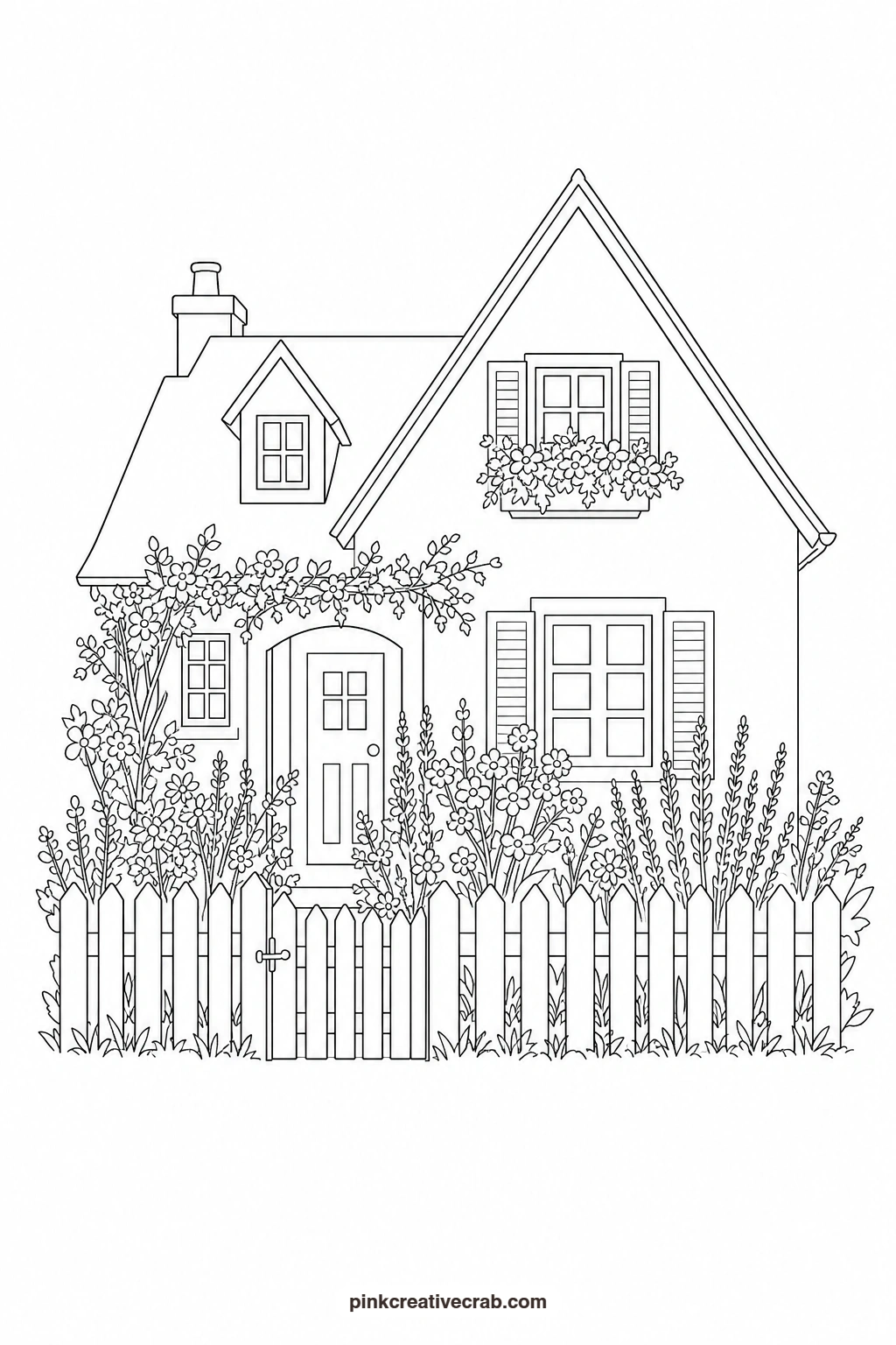 Cottage With a Picket Fence Outline printable page. Cottage watercolor