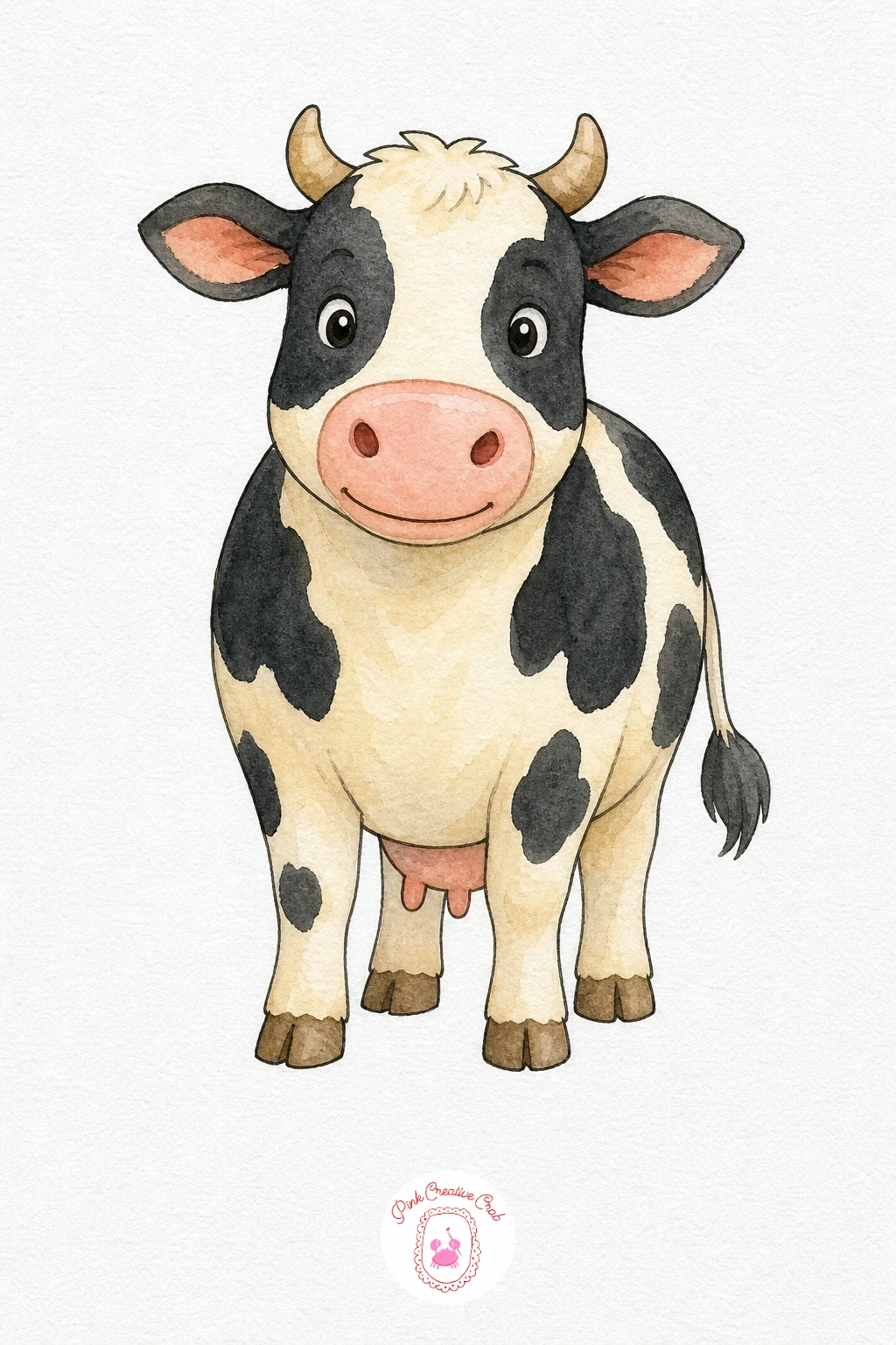 Cow — Lay a pale cream wash over the whole body first and let it dry fully before anything else. Watercolor farm animals