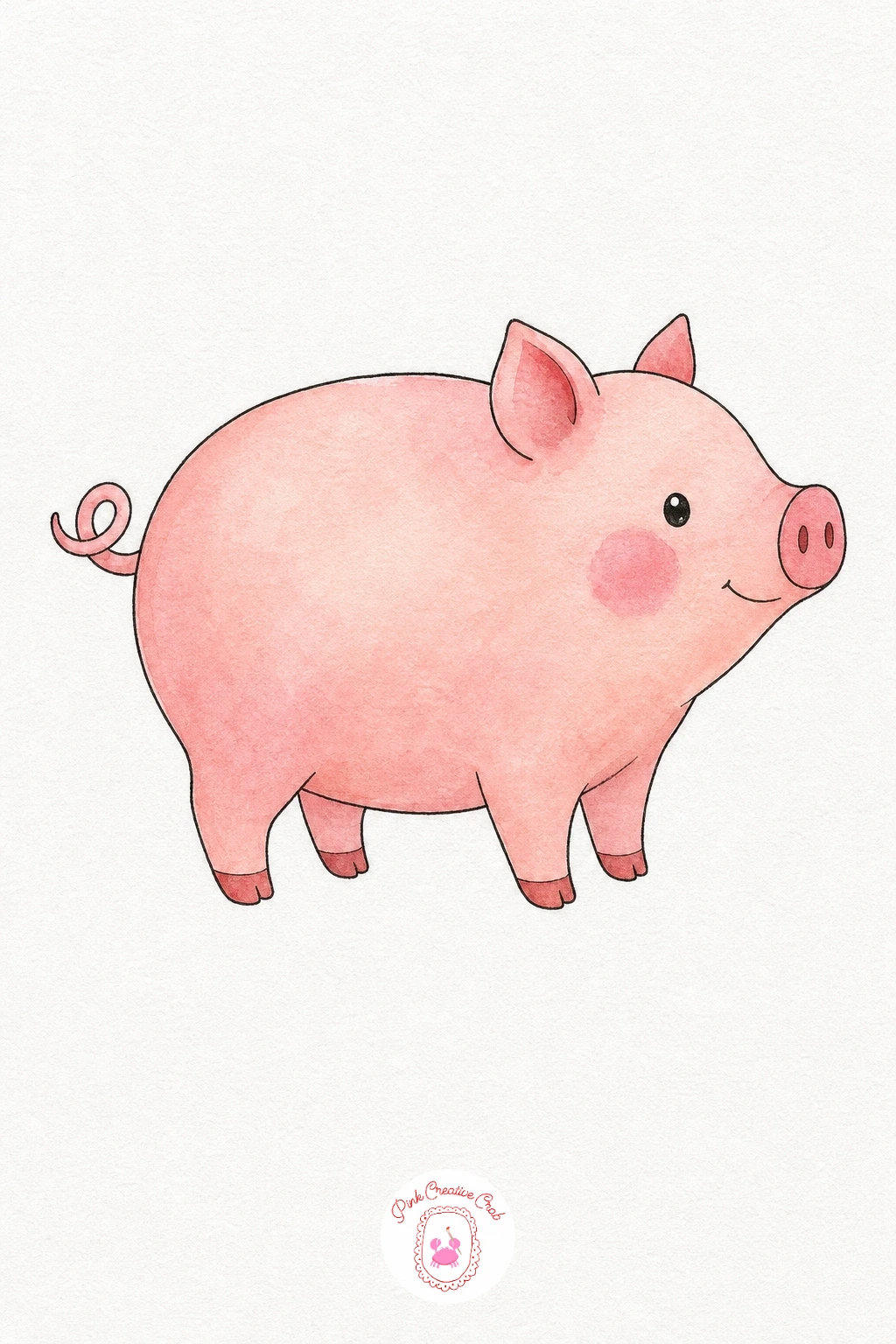 Pig — Mix a soft pink and sweep it across the whole body in one wet wash, leaving the belly slightly lighter by adding more water there. Watercolor farm animals
