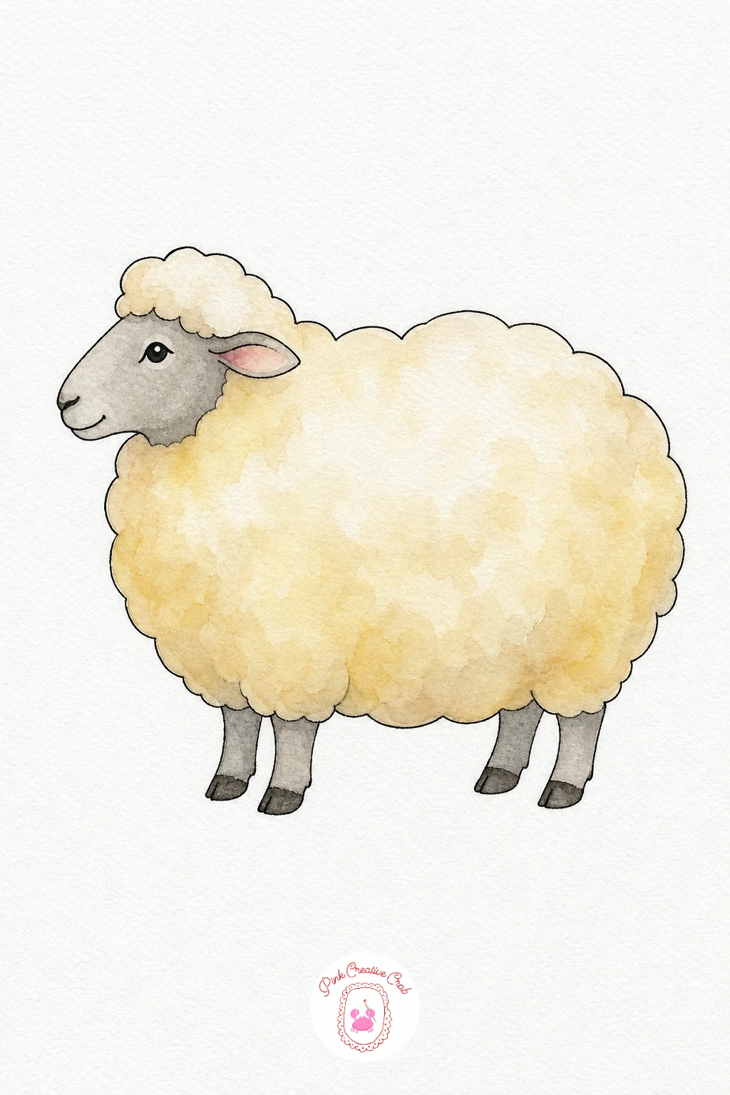 Woolly Ewe — Keep the wool pure white by painting only its outer edge in pale grey, letting the brush bounce lightly so the line stays uneven like fluff.