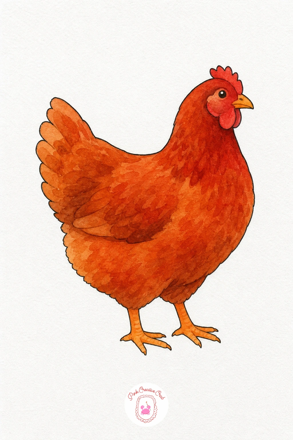 Hen — Wash the body in warm rust red, leaving a small white gap near the tail feathers for a highlight. Watercolor farm animals