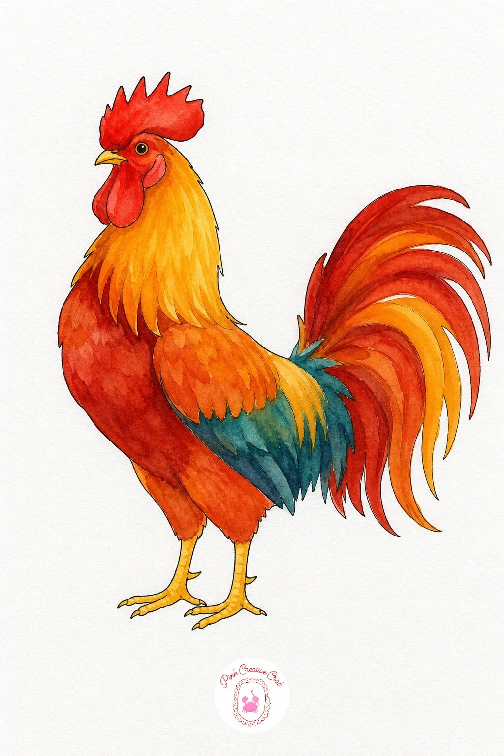 Rooster — Start with the body in warm golden brown and let it dry before adding the chest in a deeper rust. Watercolor farm animals