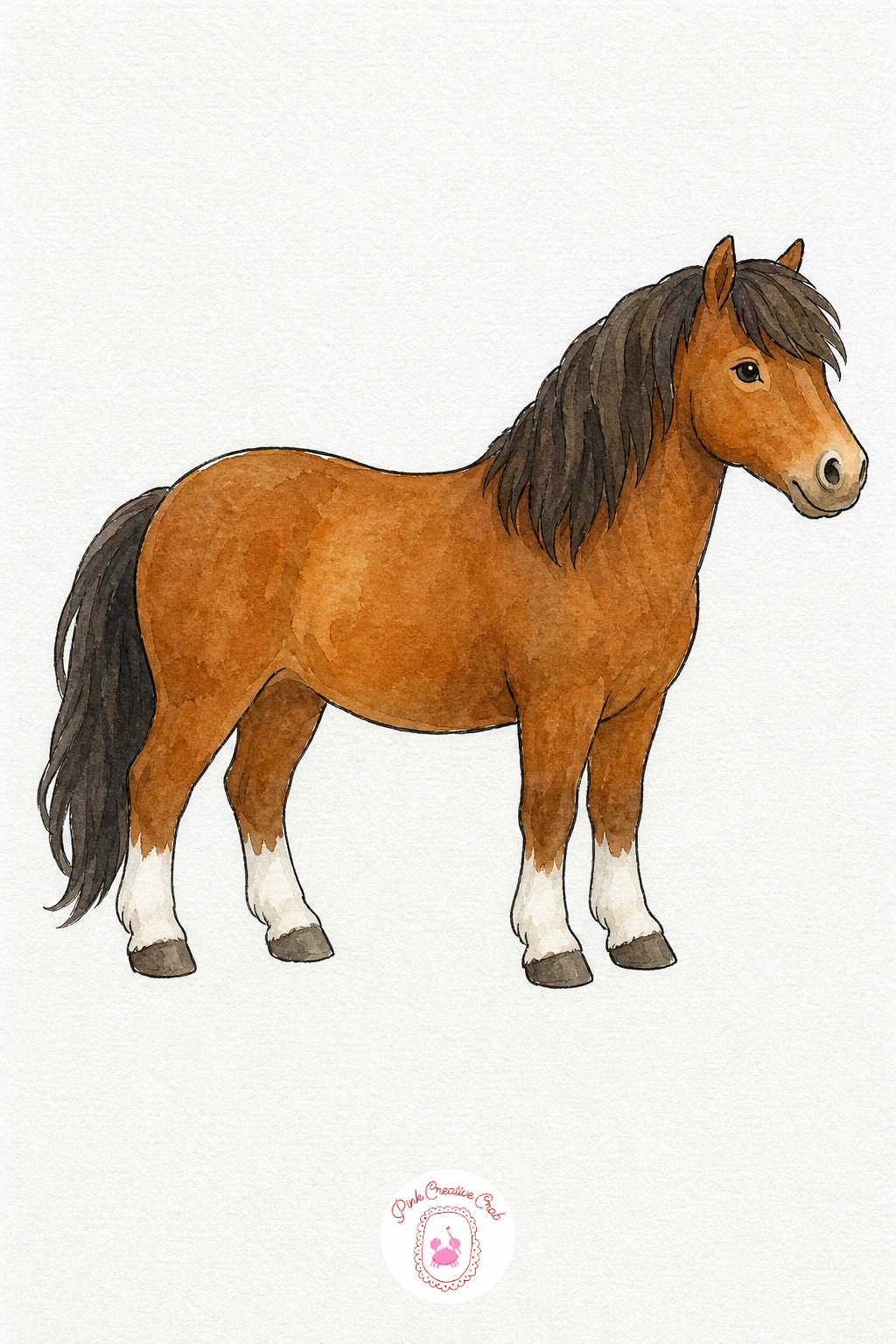 Farm Pony — Wash the whole body in warm chestnut brown, keeping the lower legs untouched so they stay white for the socks. Watercolor farm animals