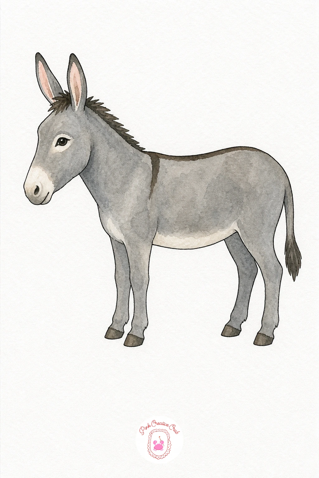 Donkey — Wash the body in a soft warm grey, leaving the muzzle and the area around the eyes lighter by adding extra water there. Watercolor farm animals