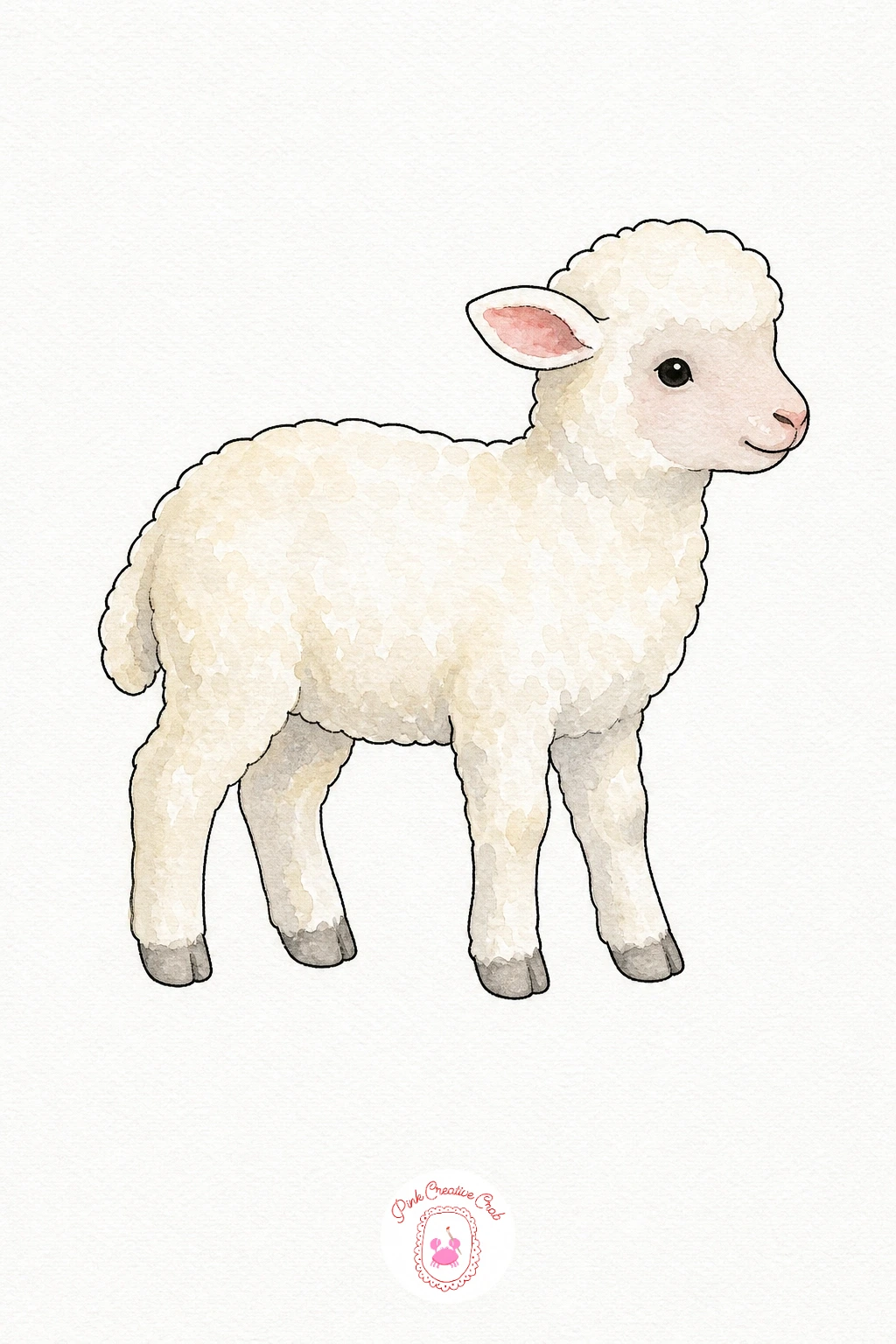Lamb — Keep the wool body white, adding just a whisper of pale grey along its lower edge where it meets the ground shadow. Watercolor farm animals