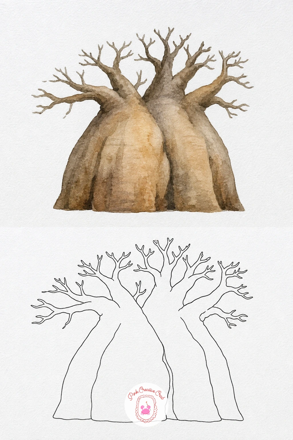 Baobab Tree — The trunk is the whole story with this tree, so paint it generously wide and let a graded wash run from a warm tan at the top to a deeper grey