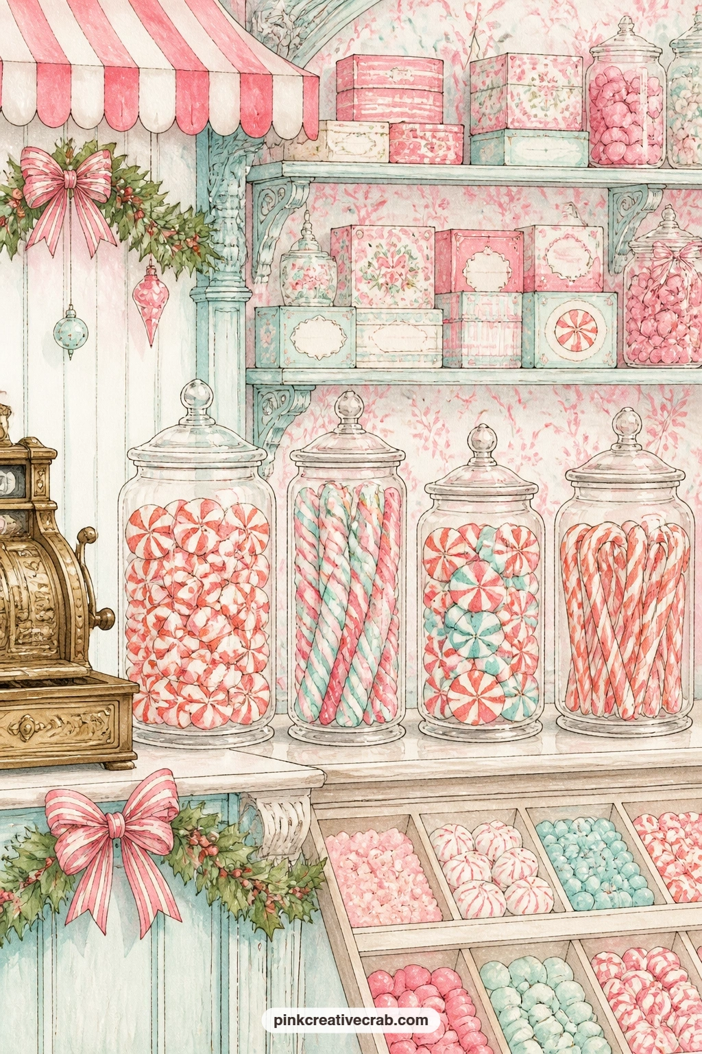 Sweet Shop Counter Scene printable page — Tuck a little paper bag or a scrap of real striped ribbon onto this page, right where a customer's hand would reach