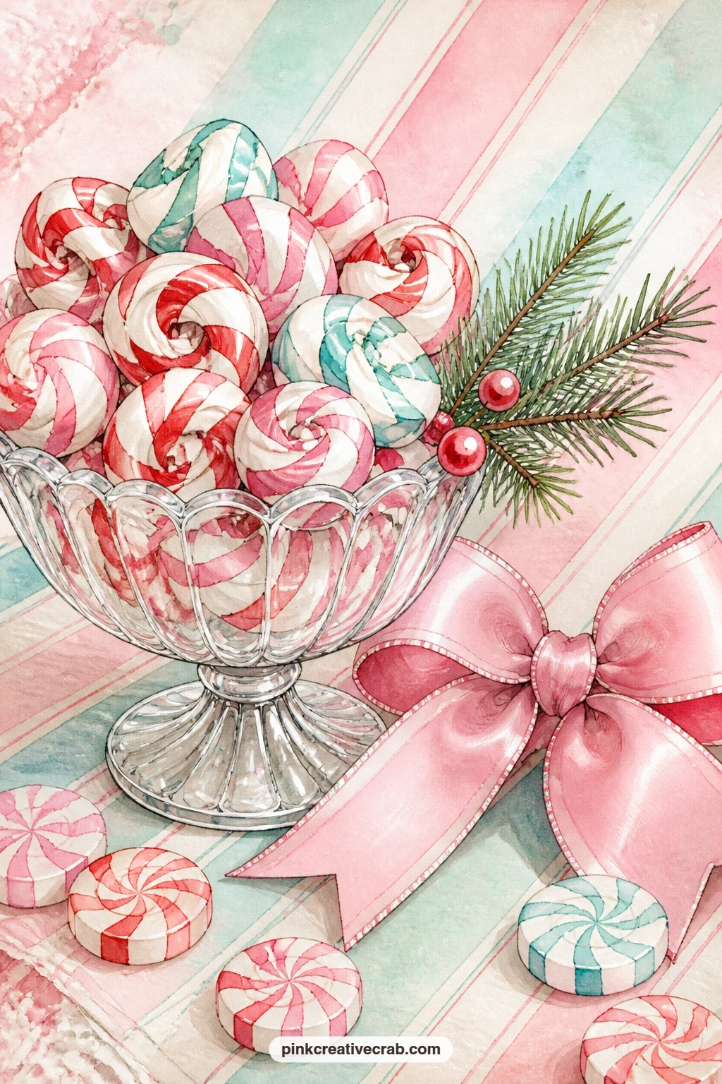 Ribbon Candy Dish And Bow printable page — Pair this dish of ribbon candy with the ribbon candy wave background a few pages on, using the pattern as a pocket