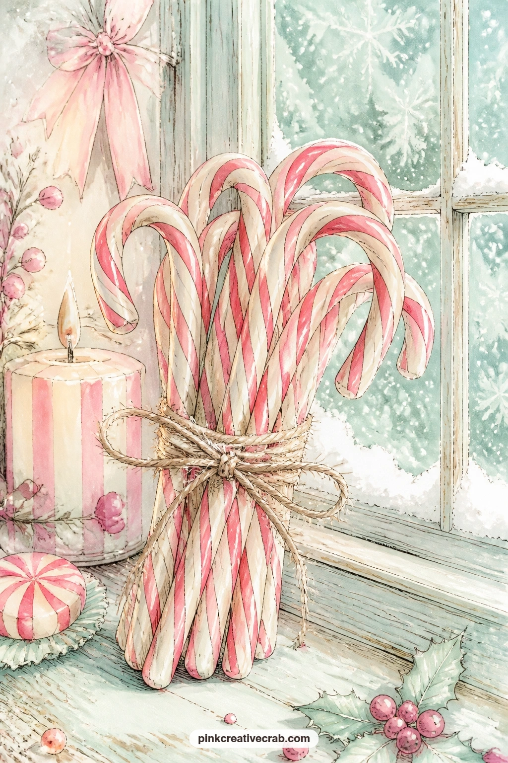 Candy Canes By The Window printable page — This one rewards a torn edge: rip the top border by hand instead of cutting it, so the twine looks like it is really