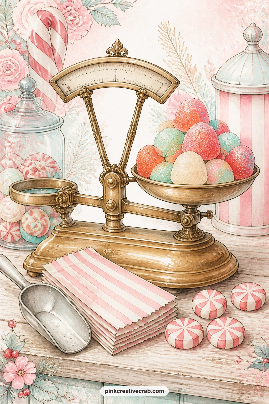 Brass Candy Scale And Gumdrops printable page — Write the question for this page small, under the scale: what is the sweetest thing someone gave you this year
