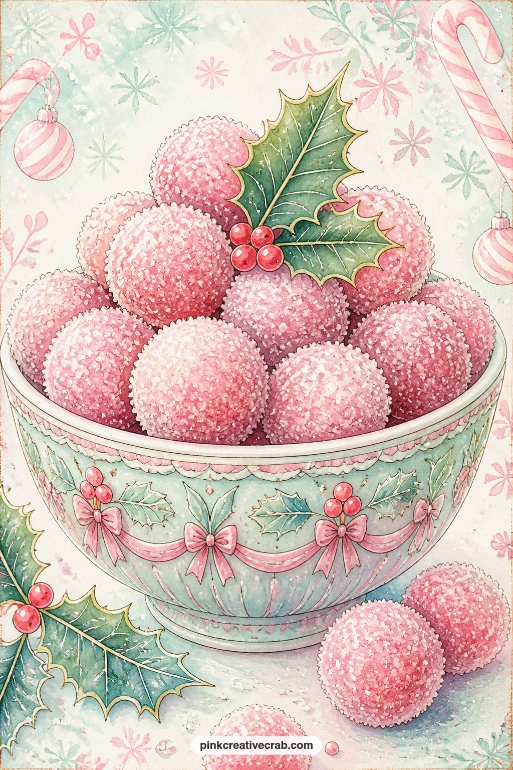 Bowl Of Sugar Plums printable page — a wide bowl of sugar plums catches sparkling sugar in every fold, with a single holly leaf laid across the rim and a faint