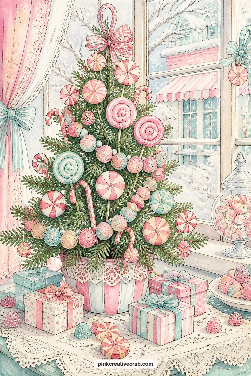 Candy Tree In The Window printable page — The five minute version: skip the garlands and just colour the tree itself with peppermints and lollipops, then leave