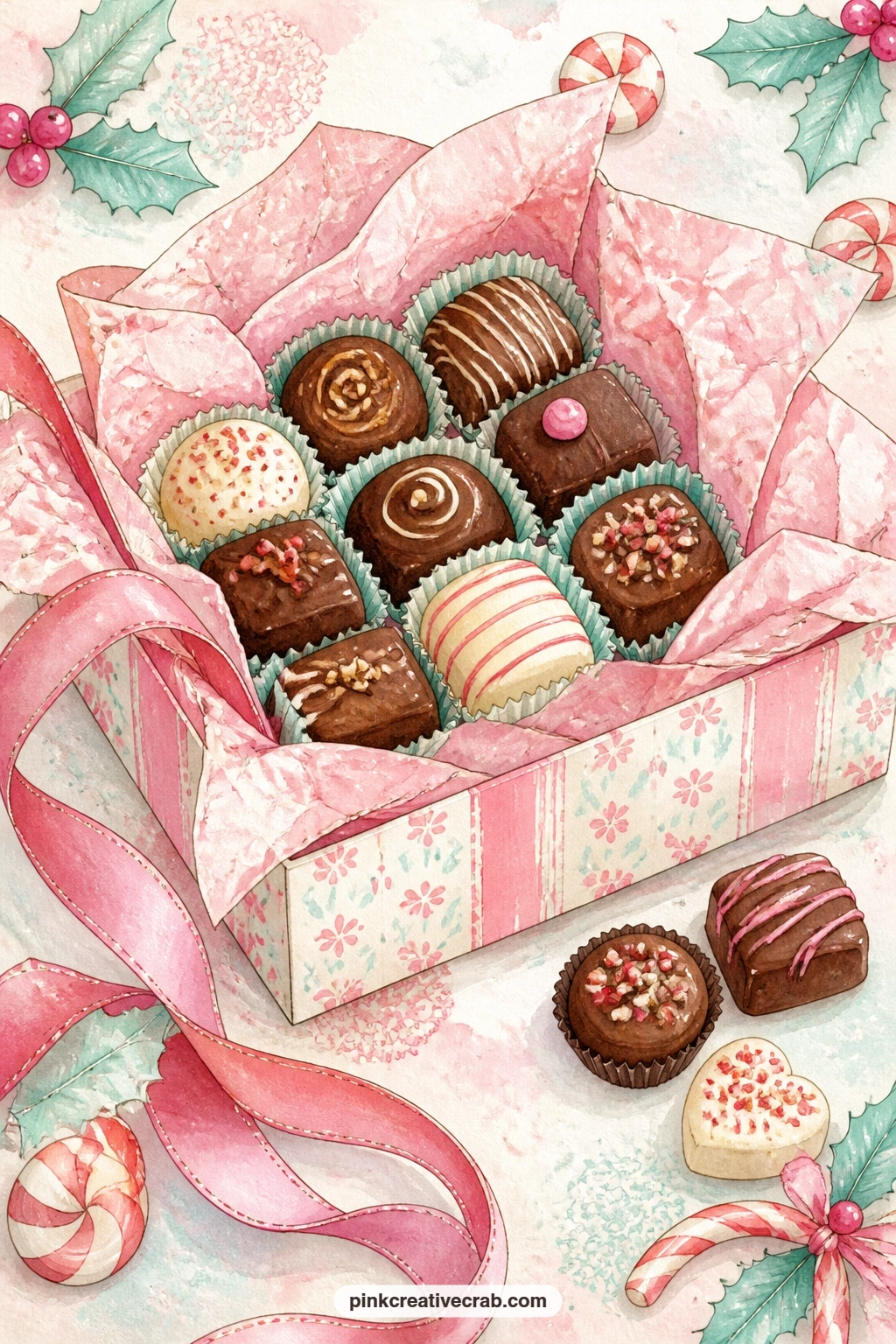 Chocolate Gift Box With Tissue printable page — Glue a real scrap of tissue paper or crepe into the open corner of this box before you add the chocolates, so