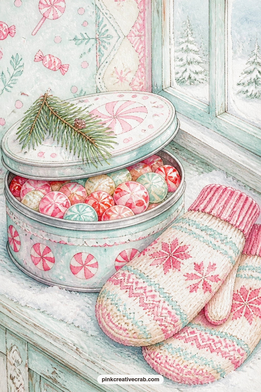 Tin Of Hard Candies And Mittens printable page — Tuck a folded paper list into this page: the names of everyone getting a tin this year, with their favourite