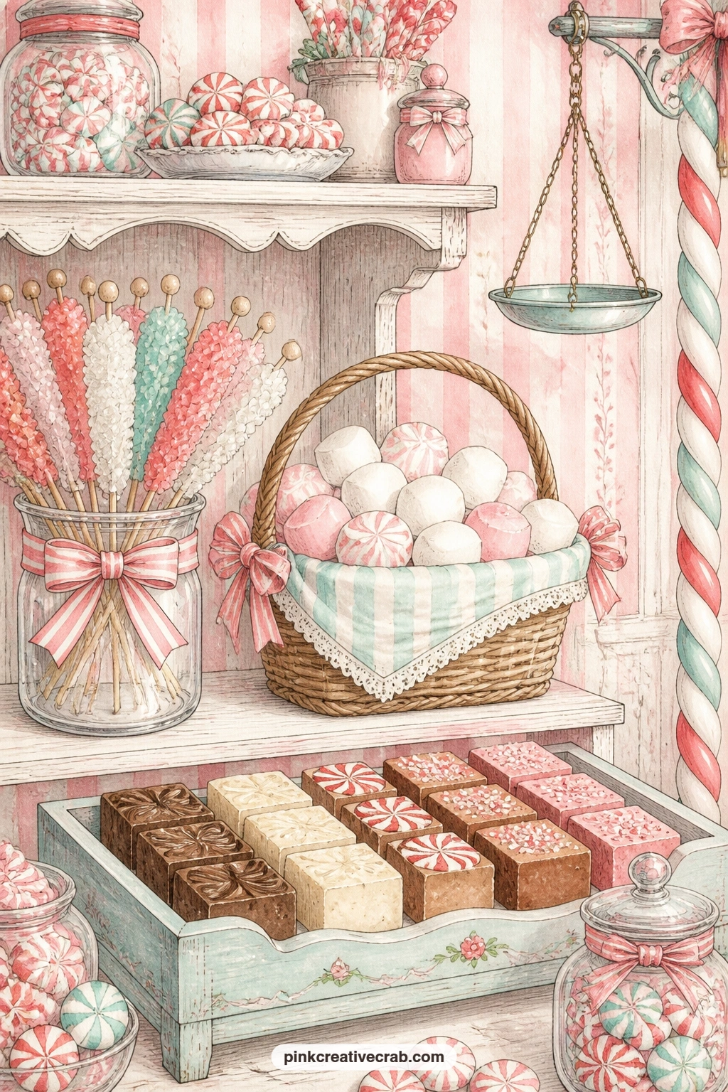 Candy Shelf Of Rock And Fudge printable page — rock candy sticks, pillowy marshmallows and squares of fudge line a shop shelf in this one, each treat stacked a