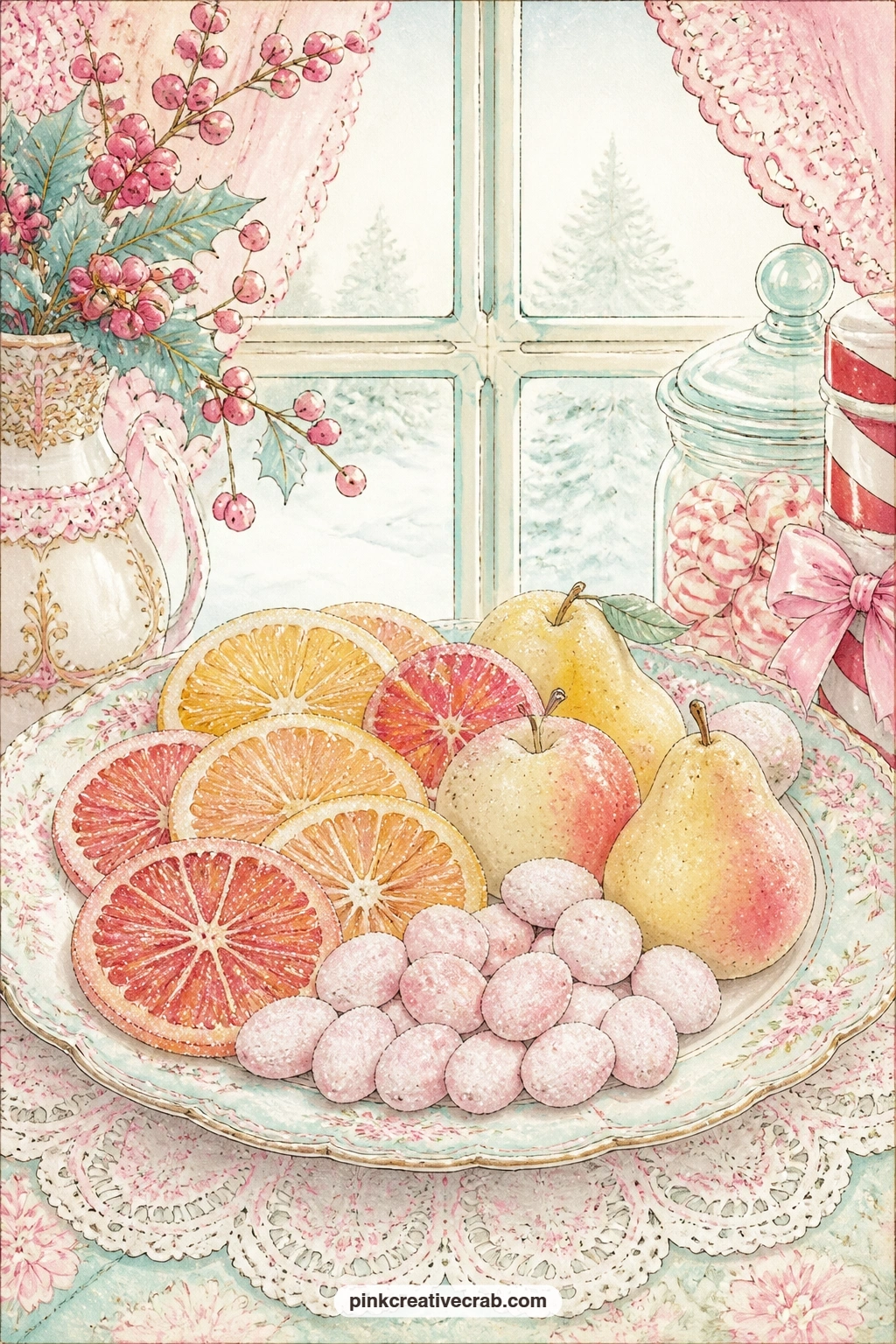 Candied Fruit And Marzipan Plate printable page — Candied fruit slices, sugared almonds and little marzipan fruits share one plate here, so the page suits a