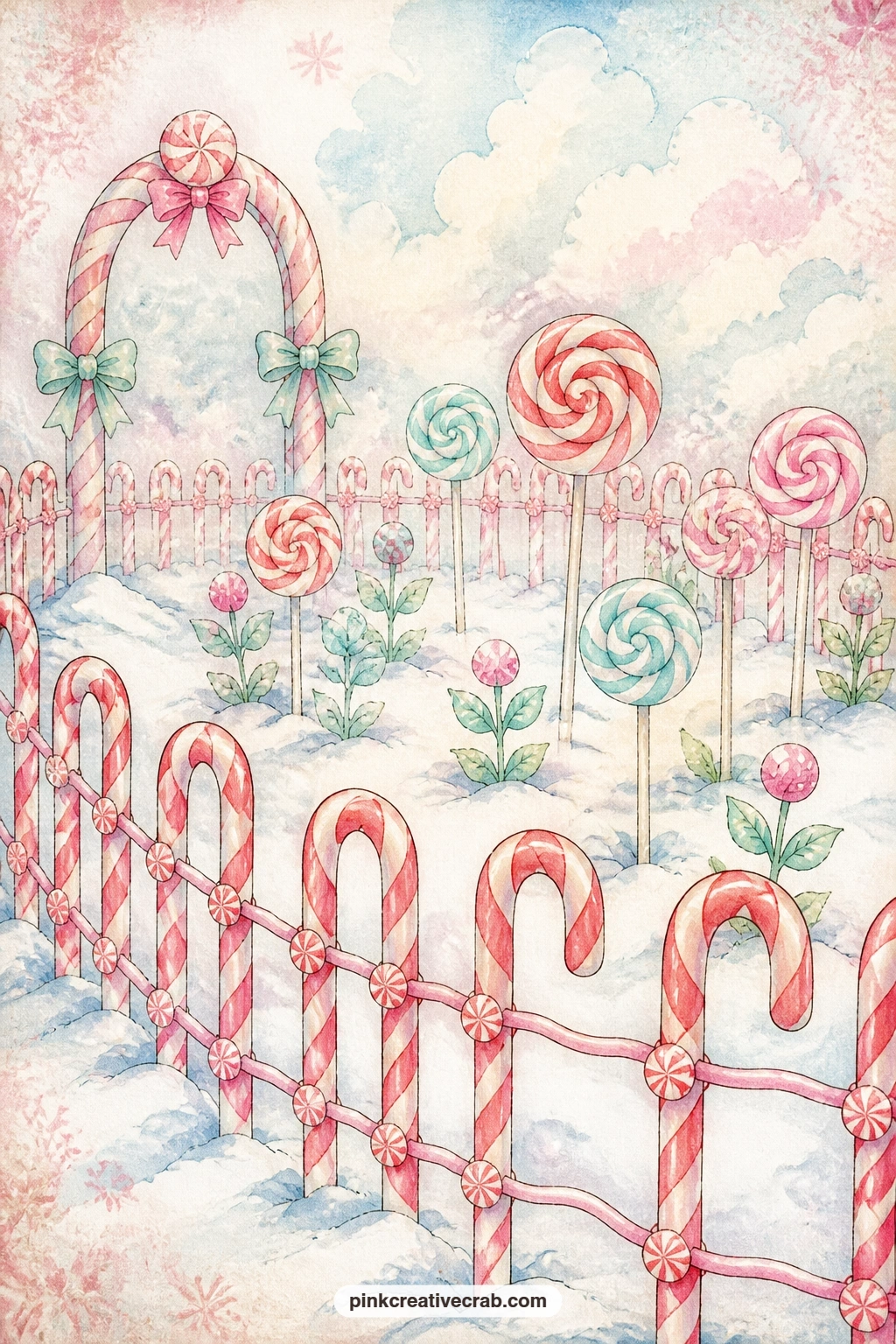 Candy Cane Garden Fence printable page — snow settles over a little garden here, fenced in by striped candy canes with lollipop flowers standing in for the