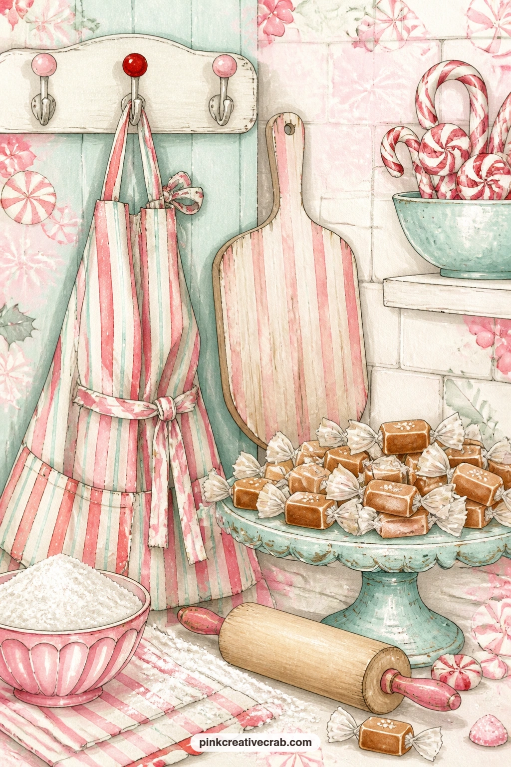 Confectioner's Apron And Caramels printable page — The usual mistake on this page is leaving the apron looking stiff and new. Christmas candy junk journal
