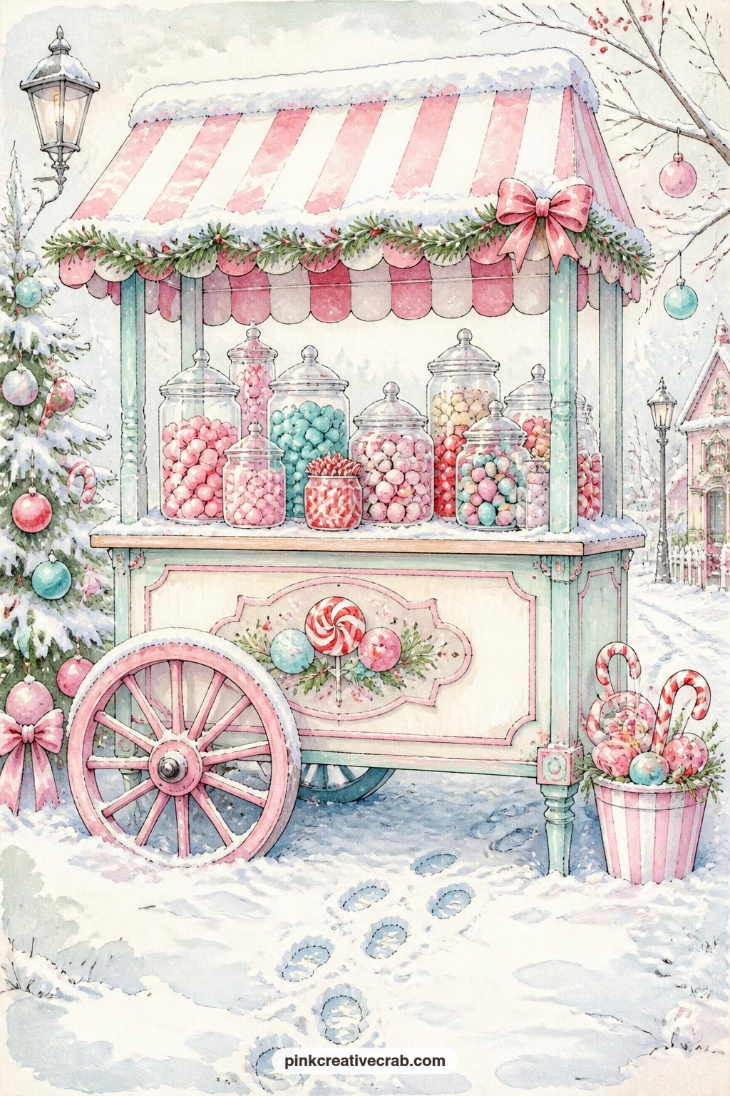 Gumball Cart In The Snow printable page — this cart rewards a tea-stained edge: darken just the bottom corner near the wheels, as if snow and slush have