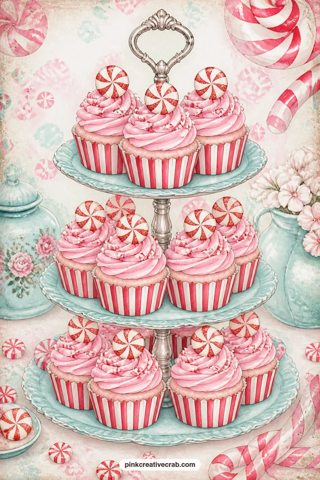Peppermint Cupcake Stand printable page — swirled pink frosting tops every cupcake on this stand, each one finished with a small peppermint disc pressed into