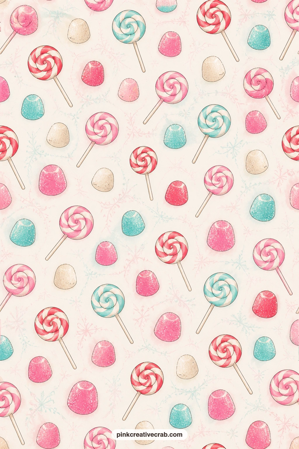 Gumdrop And Lollipop Scatter printable page — Gumdrops and lollipops scatter loosely across this page in every direction, well suited to a pocket lining, a