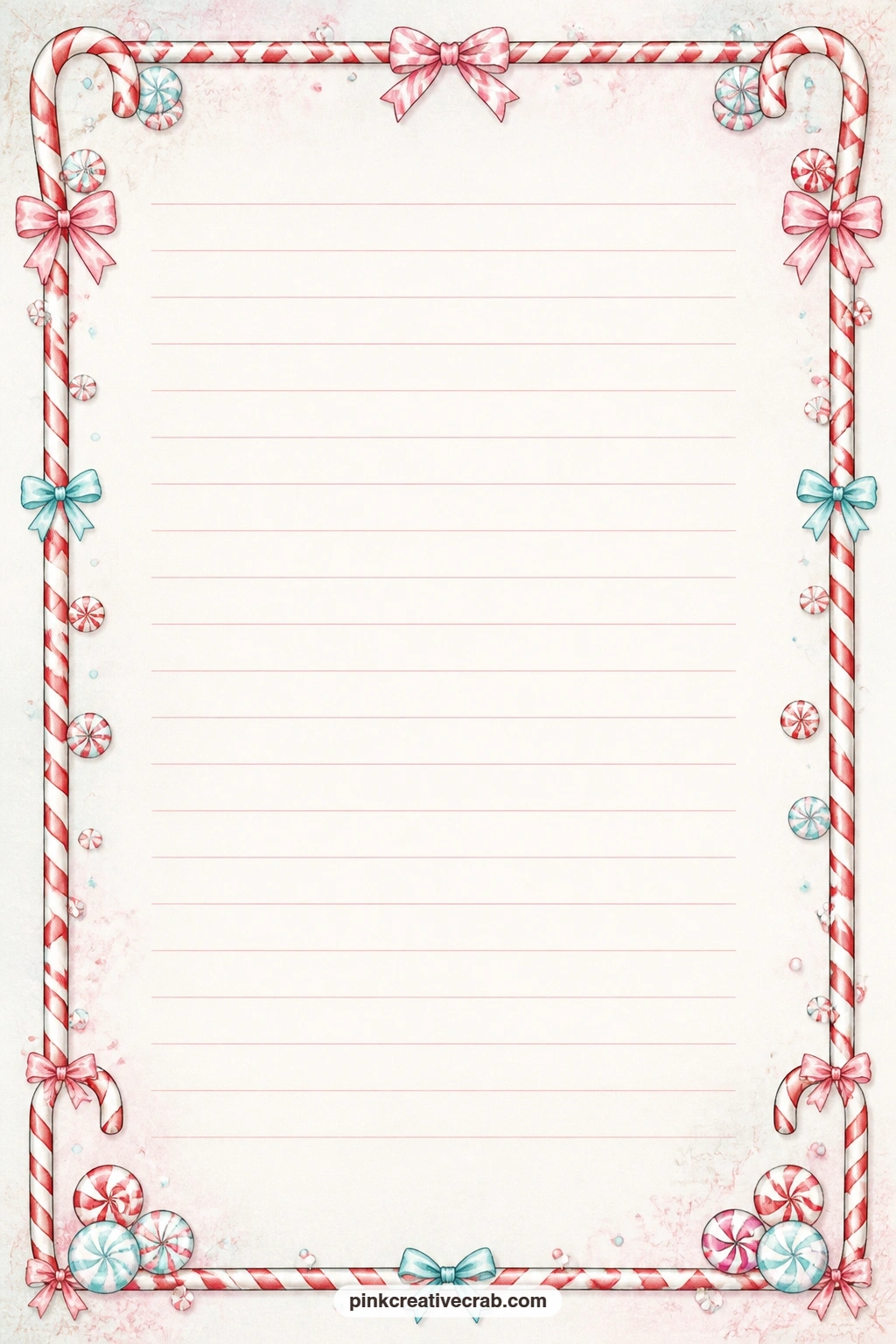 Candy Cane Stripe Frame Lined Page printable page — A border of candy canes stripes around the edge of this page, leaving the ruled centre open for a gift