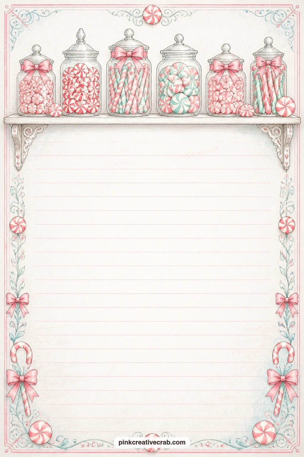 Peppermint Jar Shelf Top Lined Page printable page — A shelf of peppermint jars runs along the top border here, with the lines below left open for a sweet shop