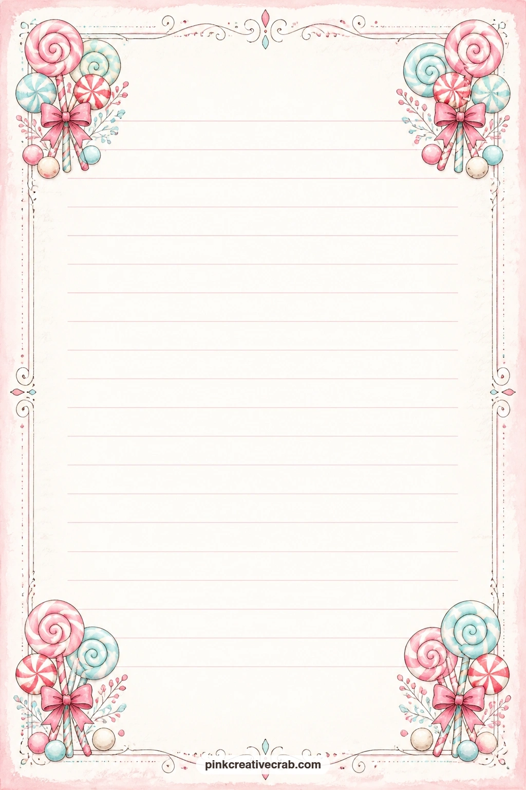 Lollipop Corner Lined Page printable page — Lollipops cluster in each corner of this page, leaving the ruled centre free for a short entry, a gift tag list or