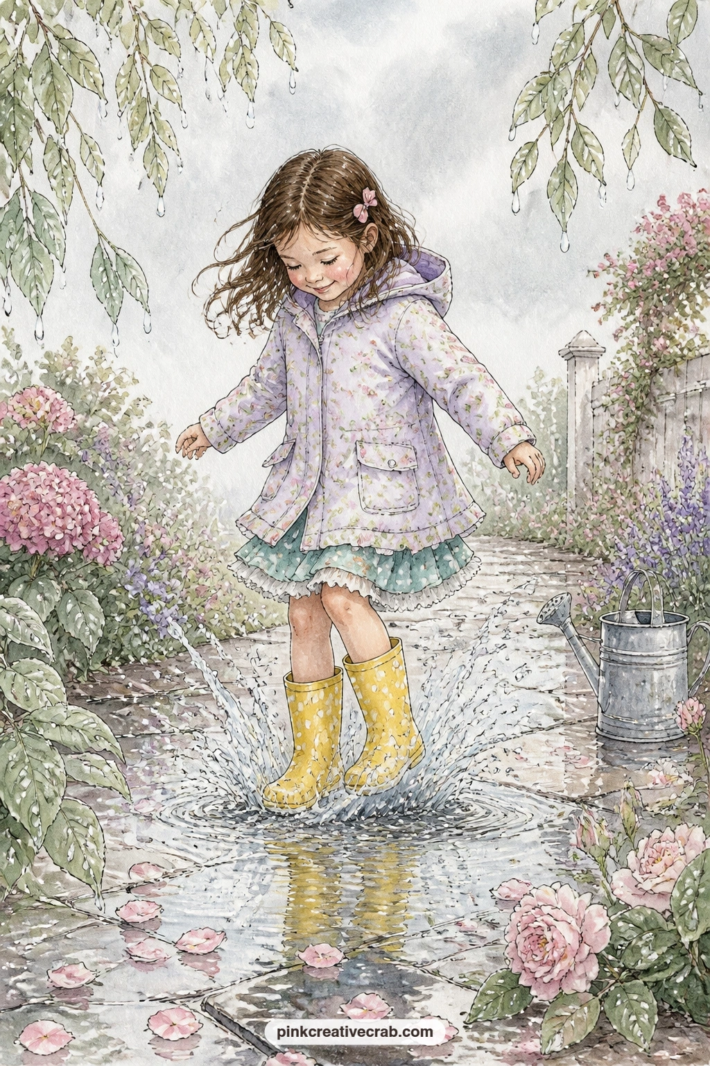 Girl Splashing In Puddle printable page — Jumping always looks better with somewhere to land, so pair this page with the rain boots and puddle lined page