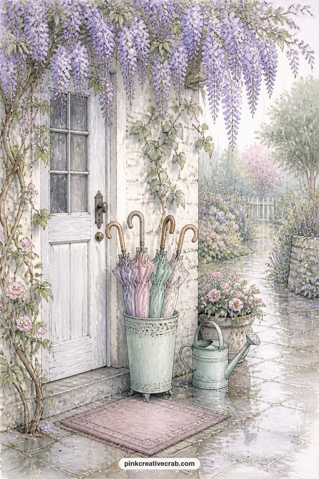 Umbrella Stand By Cottage Door printable page — Several umbrellas waiting by a cottage door under dripping wisteria make a calm, detailed page that works well