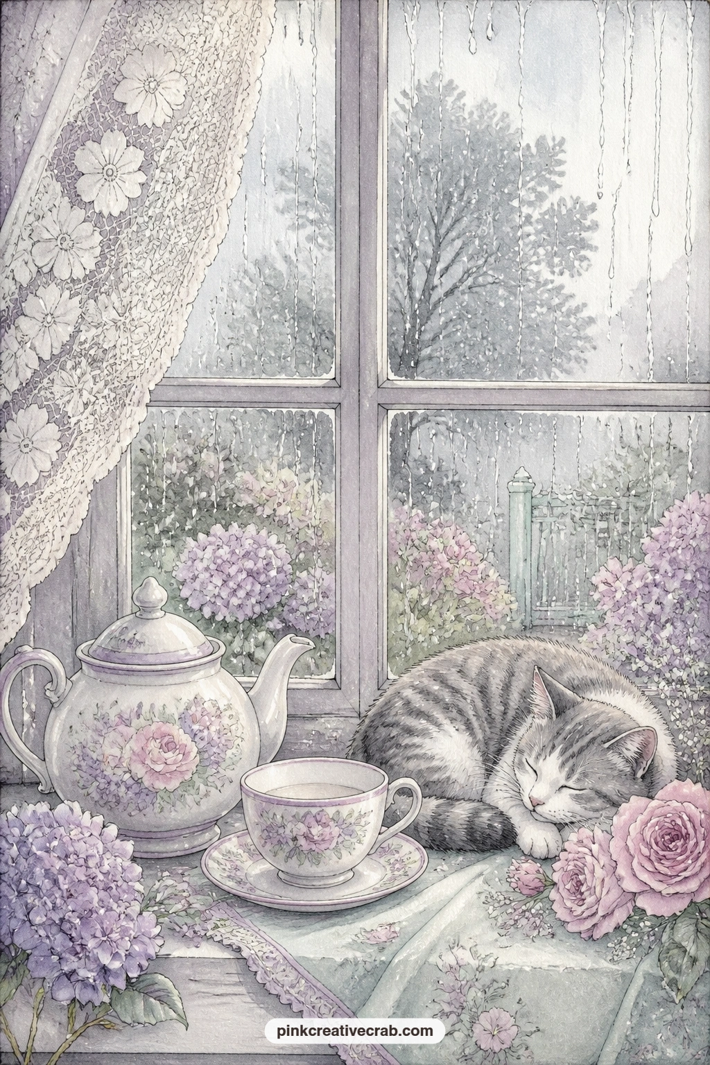 Rain On The Window With Teapot printable page — This is the page for tucking in a tea bag wrapper or a torn corner of a favourite recipe card, slipped right